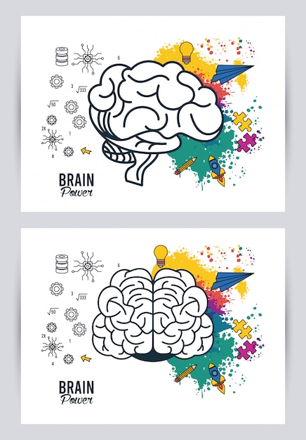 Illustrazione di potenza del cervello con schizzi di colori e aeroplani