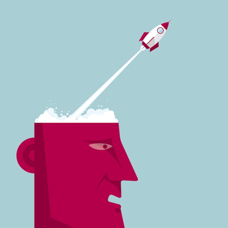 वेक्टर brainstorm concept, rocket launch from human brain,head is red,background is blue.