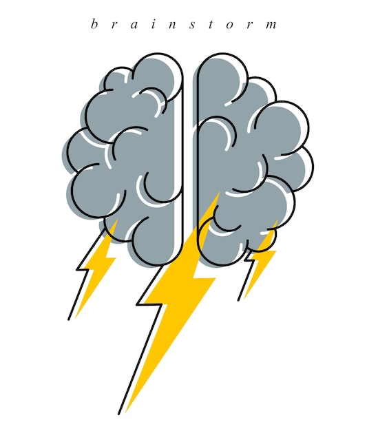 Logo o icona di vettore di concetto di brainstorming, cervello umano e fulmine simbolo semplice, stile piatto e moderno.