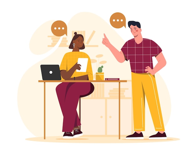 brainstorm or discussion man and woman discussing project idea for start up or business