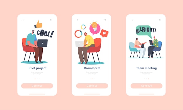 Brainstorm mobile app page onboard screen template. business characters meeting, discussing idea. team project development, teamwork process. employee work concept. cartoon people vector illustration