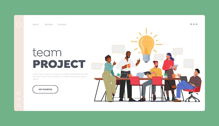 Vector brainstorm team project landing page template business people discussing idea on board meeting in office illustration