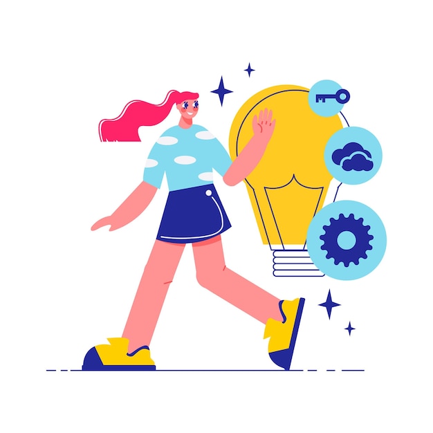 Vector brainstorm team work composition with character of walking woman with lamp bulb with gear key and cloud icons illustration