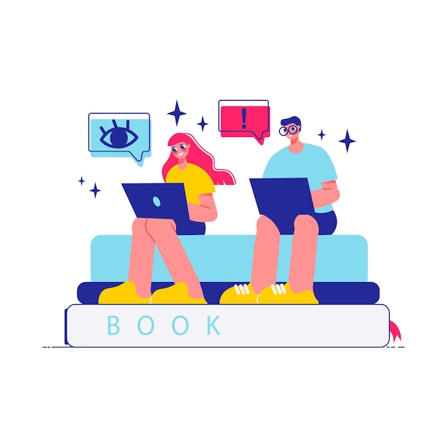 Brainstorm team work composition with characters of woman and man working with laptops sitting on stack of books illustration