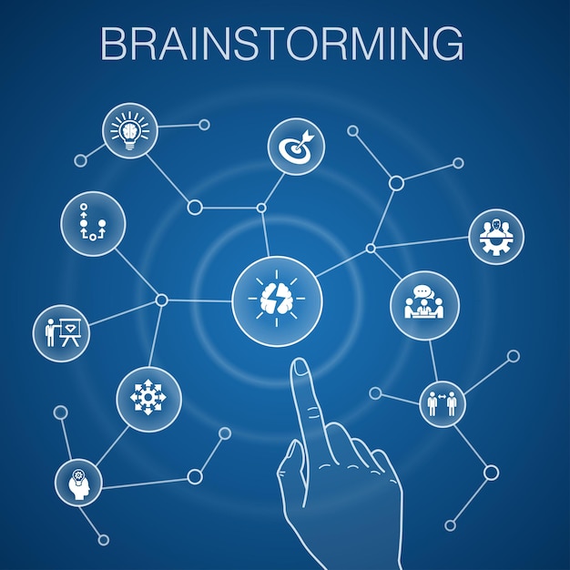 Brainstormen concept, blauwe achtergrond. verbeelding, idee, kans, teamwork pictogrammen