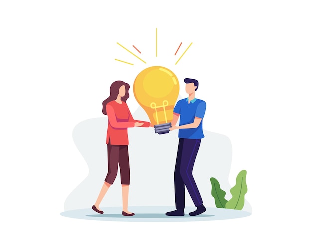 Brainstorming concept illustration. teamwork, creative ideas and solution. bright light-bulb idea, vector in a flat style