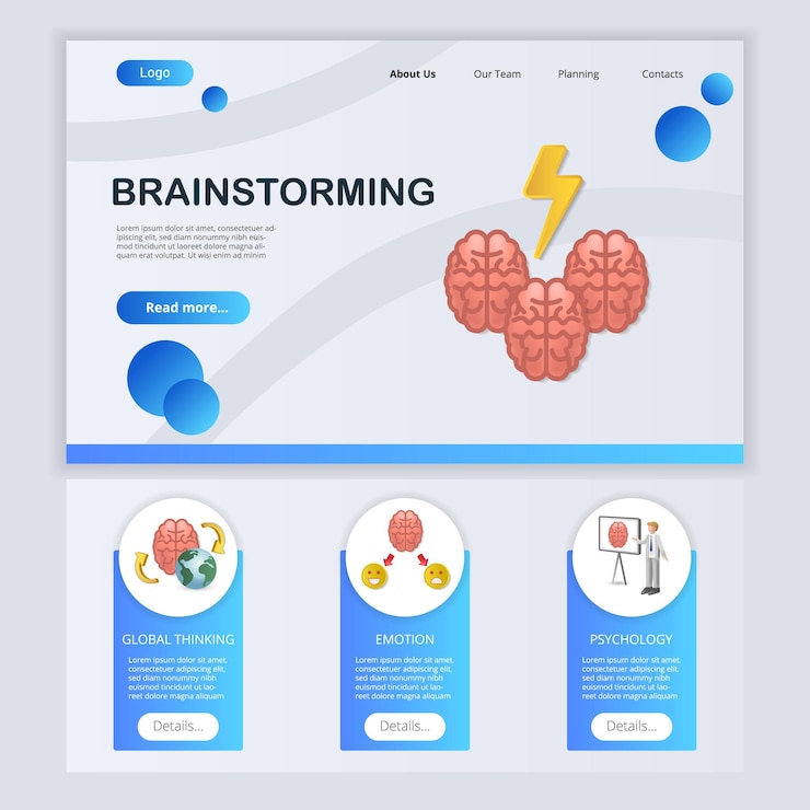 Vector brainstorming flat landing page website template global thinking emotion psychology web banner with