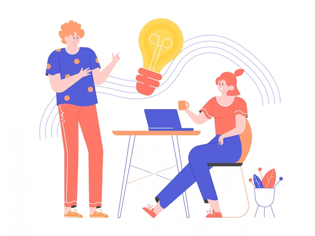 Vector brainstorming and generating ideas. work in a creative team. girl is sitting at the desk with a laptop. the guy is standing nearby. light bulb icon. discussion of the project.  flat illustration