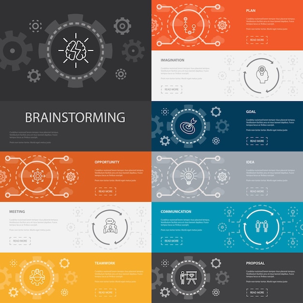 Brainstorming infografica 10 icone di linea banner immaginazione idea opportunità lavoro di squadra icone semplici