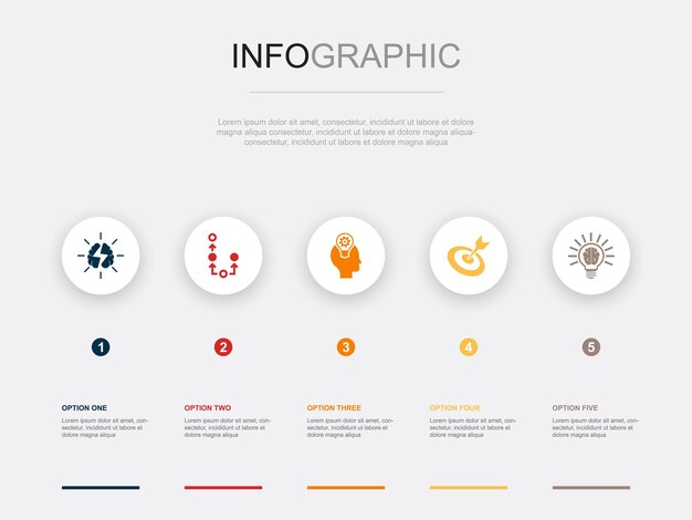 Brainstorming piano immaginazione obiettivo idea icone infografica modello di progettazione del layout concetto di presentazione creativa con 5 passaggi