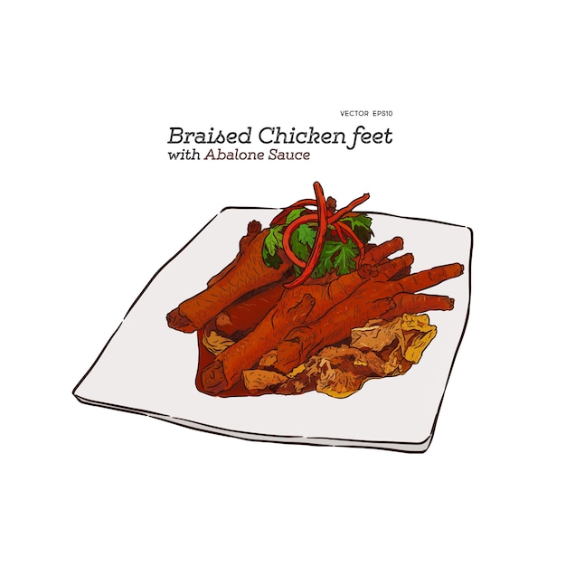 Braised chicken feet with abalone sauce, chinese food. hand drawn sketch