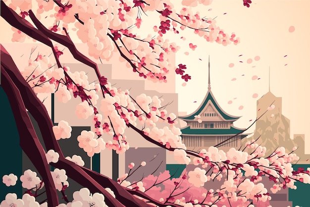 Branch of the cherry blossom tree with Japanese house illustration background