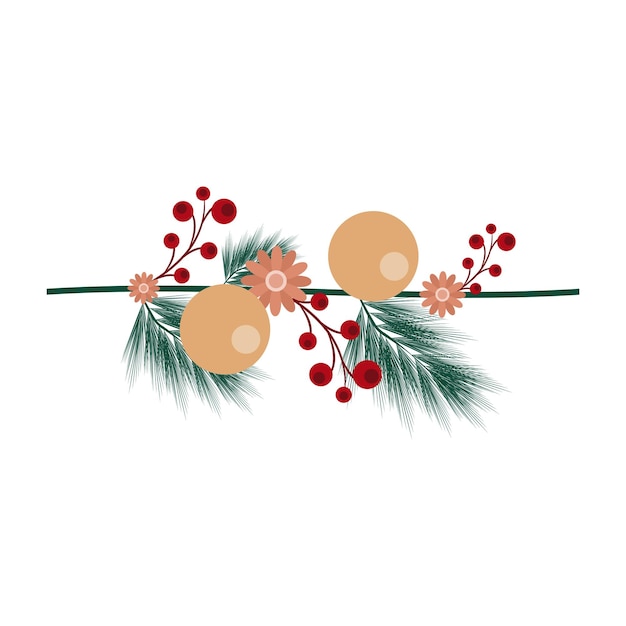 꽃과 공이 있는 크리스마스 트리의 가지 평평한 스타일의  ⁇ 터 일러스트레이션 디자인의 요소 포스터, 초대 카드 및 배너에 적합합니다.