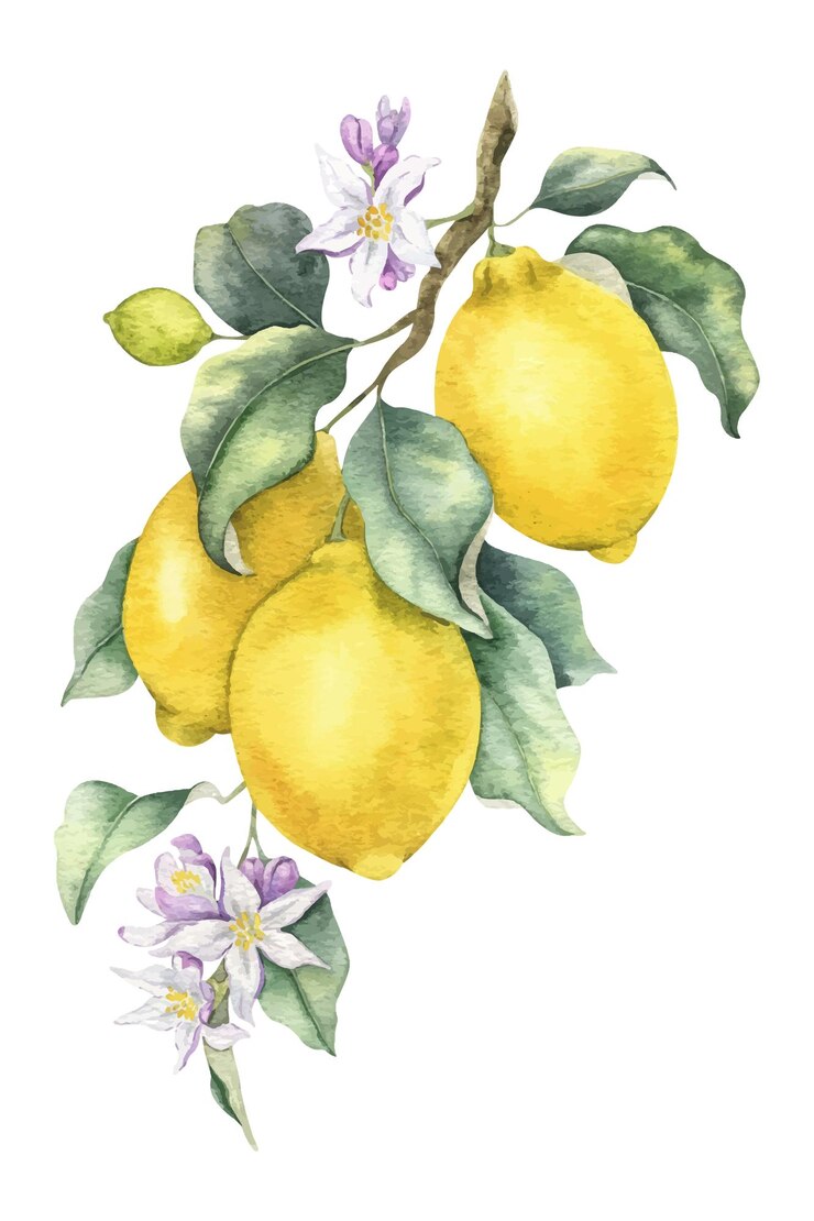 Vector branch of lemon fruits flowers and leaves isolated hand drawn watercolor illustration tropical citrus fruit design for menu package cosmetic textile cards