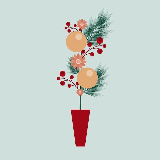 ベクトル 鉢に花とボールが入ったクリスマスツリーの枝 平らなスタイルのベクトルイラスト デザインの要素 ポスター,招待カード,バナーに適しています