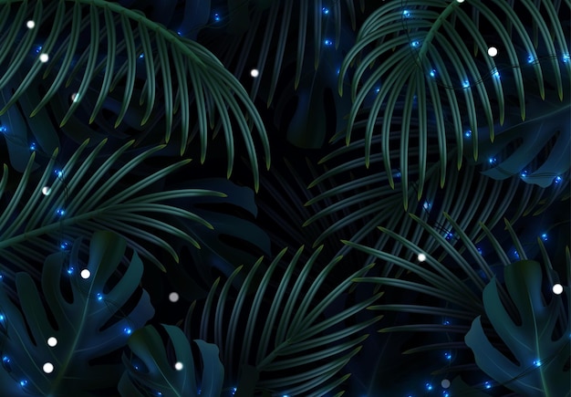 Rami di palma realistici. foglie e rami di palme. sfondo di foglie tropicali. fogliame verde, disegno di foglie tropicali. luci brillanti illuminate di ghirlande natalizie. illustrazione vettoriale