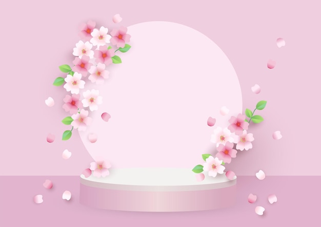 Branch of pink sakura Japanese cherry tree blossom 3d background product display podium scene