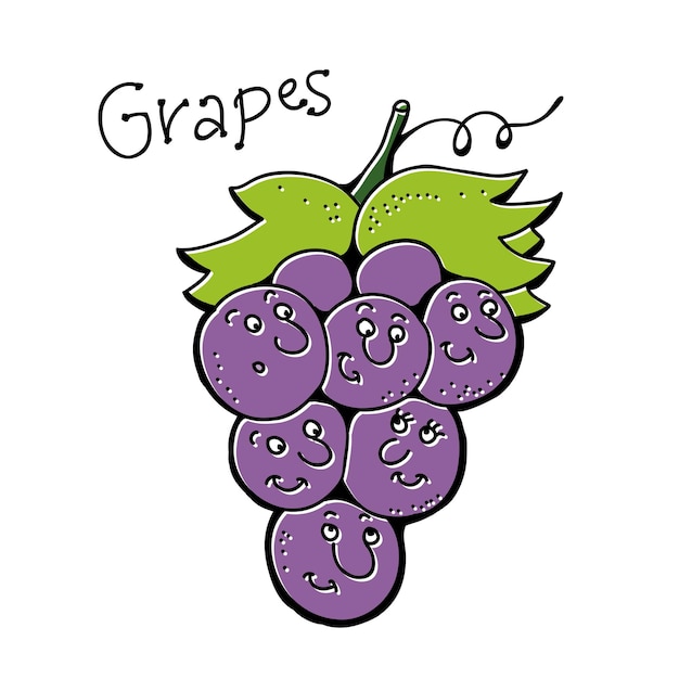 Branch of purple grape fruit in cartoon style with funny smile