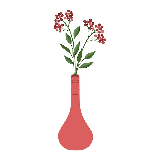 Branch of rowan in vase. Hand drawn vector illustration isolated on white background. Modern flat