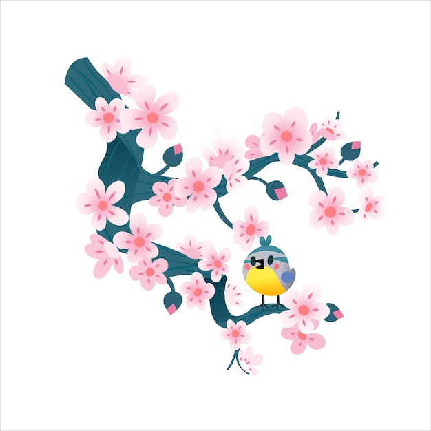 Branch of sakura tree with cute pink flowers and a bird