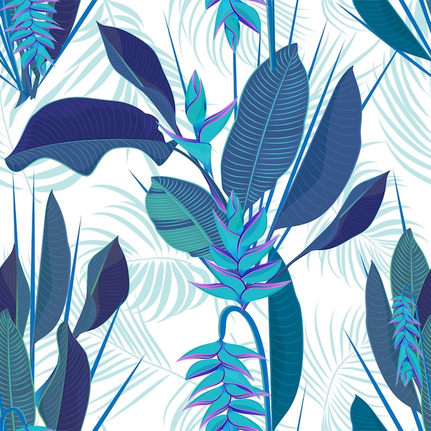 Ветка тропического цветка геликонии оставляет бесшовный фон Акварель реалистичный рисунок в стиле плоского синего цвета на белом фоне