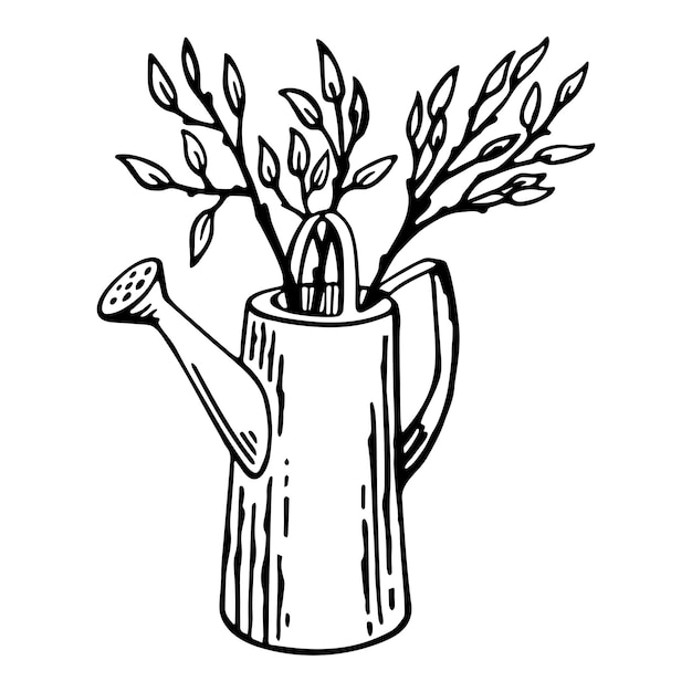 Branch in watering can in engrave style