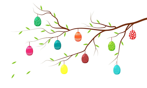 Vector branch with leaves and hanging eggs. easter card