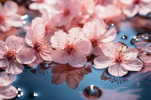 Vector branch with pink blossoms isolated on water