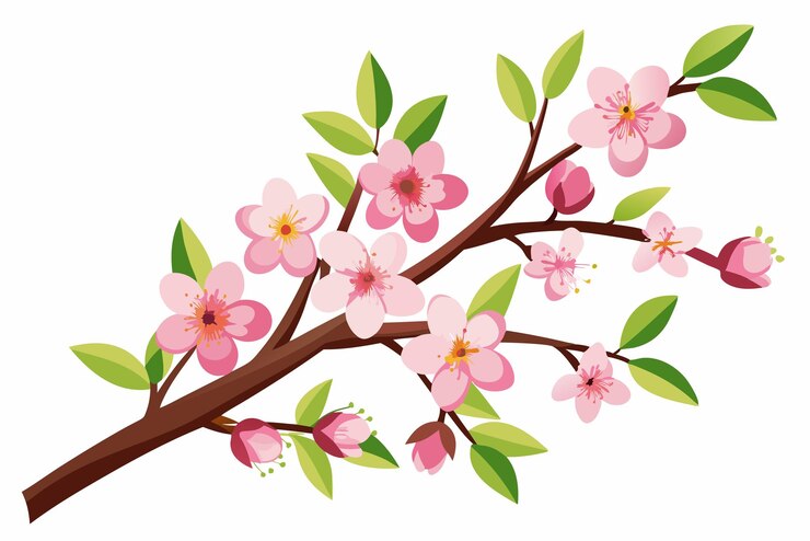 Vector branch with pink flowers and green leaves