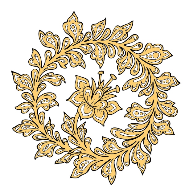 Branch wreath with a flower The motif of folk gold plant painting Traditional Russian Khokhloma pattern Hand drawn vector doodle illustration Isolated element