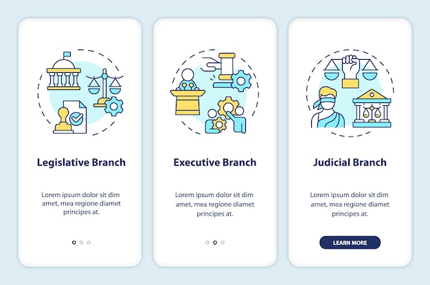 Vector branches of government onboarding mobile app screen