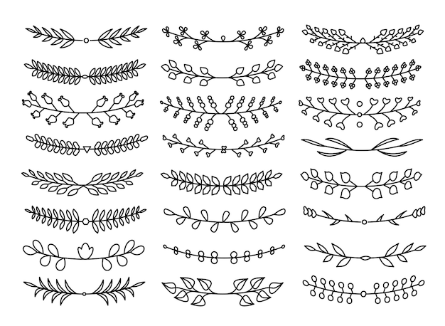 Branches line set Flourish retro ornament divider Herbal ornate element Vintage botanical border