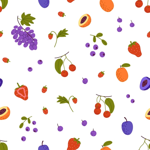 Vector branches of ripe berries on repeatable pattern fresh tropical fruit slices of apricot exotic food of garden summer crop grape strawberry flat seamless vector illustration on white background