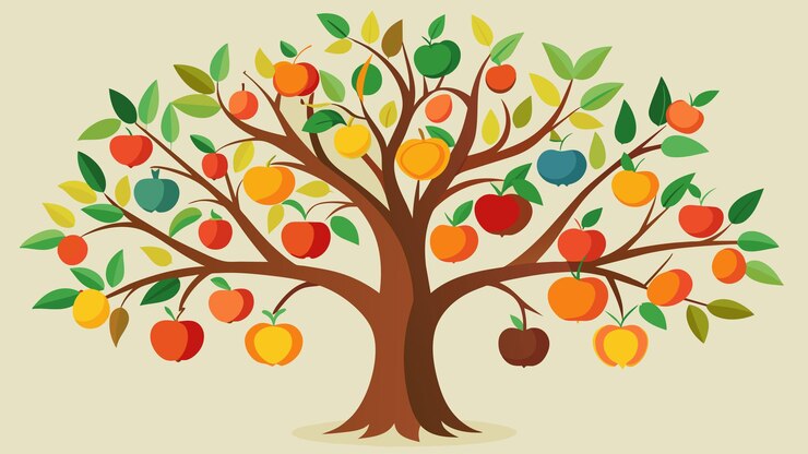 Vector the branches of the tree of gratitude are weighed down with ripe colorful fruit a visual