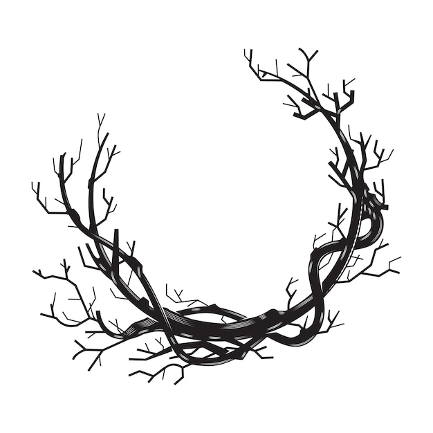 Branches tree roots frame woodcut vintage Line art. clip art vector illustration.