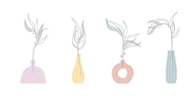 Vector branches in vases in one continuous line style single line colored drawing of plants in scandinavian