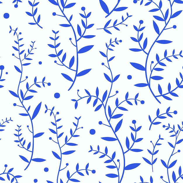 Branches with blue leaves on white background pattern