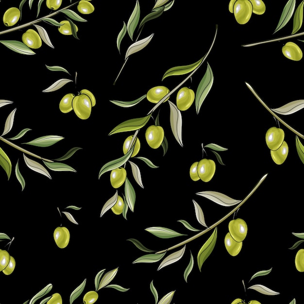 Branches with green olives on black background.