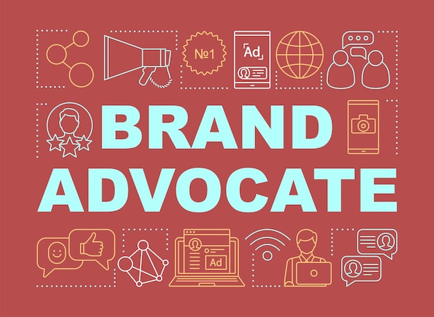 Vector brand advocate word concepts banner. influencer, viral marketing tools. customer attraction strategy. presentation, website. isolated lettering typography, linear icons. vector outline illustration