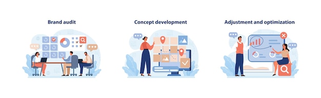 Brand audit and development set gedetailleerde illustraties die de essentie van de merkbeoordeling weergeven