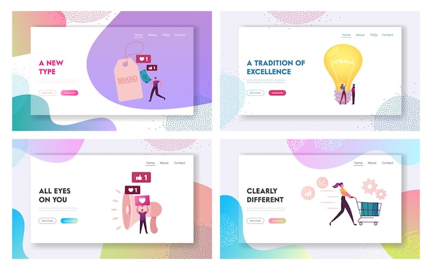 Brand awareness campaign landing page template set. tiny marketers characters with huge megaphone and light bulb. product research result, marketing survey metrics. cartoon people vector illustration