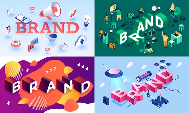 Set di banner di marca. insieme isometrico dell'insegna di vettore di marca per web design