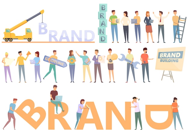Brand building icons set cartoon vector. company identity. people reputation
