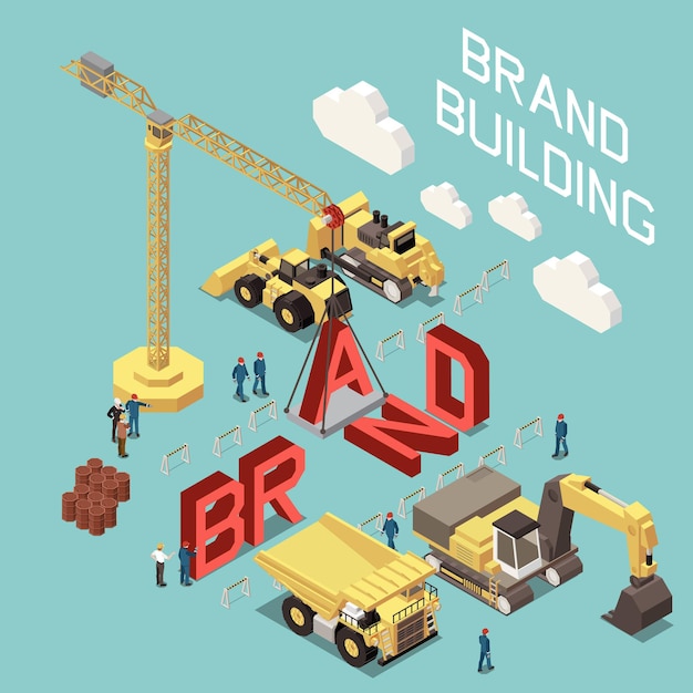 Vector brand building isometric composition with machinery and people working on construction site