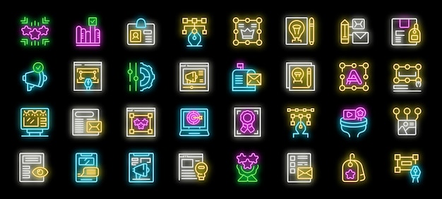 コンテンツマネジメントシステムと顧客エンゲージメントのネオンアイコンセットでブランド構築戦略