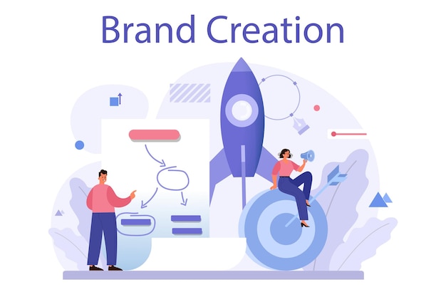 Brand creation concept Marketing specialist design unique company presentation and creative identity Brand recognition as a part of marketing strategy Isolated flat illustration