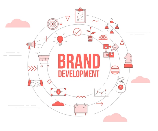 Концепция развития бренда с набором иконок, шаблон баннер и круг круглой формы векторные иллюстрации