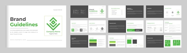 Vector brand guidelines presentation layout vector for the modern company corporate identity and brand manual magazine template with green and dark colors simple brand book layout template vector