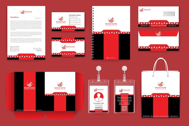 Brand identity business stationery set in red and black color shape