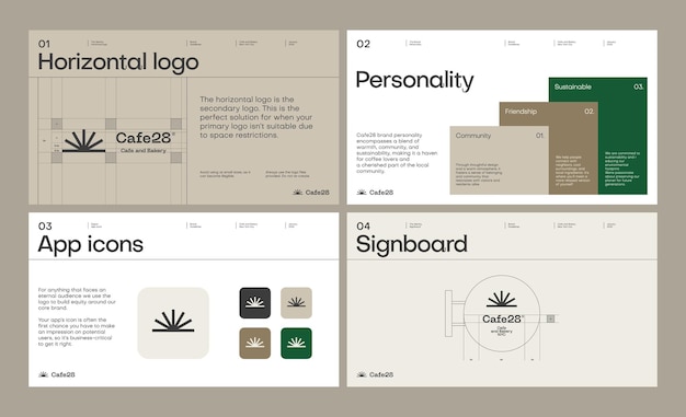 カフェコーヒーショップやレストランのビジュアルアイデンティティを作成するためのブランドアイデンティティガイドラインテンプレート